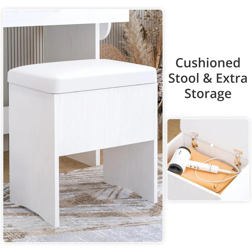 Vanity Desk with LED Lighted Mirror & Power Outlet, Makeup Table with Drawers & Cabinet,Storage Stool,for Bedroom, White