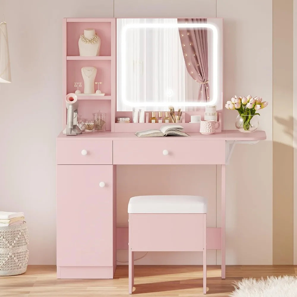 Vanity Desk with LED Lighted Mirror & Power Outlet, Makeup Table with Drawers & Cabinet,Storage Stool,for Bedroom, White