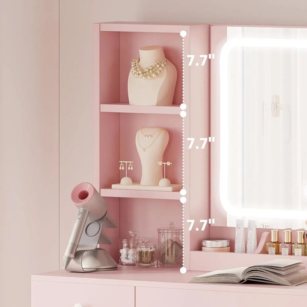 Vanity Desk with LED Lighted Mirror & Power Outlet, Makeup Table with Drawers & Cabinet,Storage Stool,for Bedroom, White