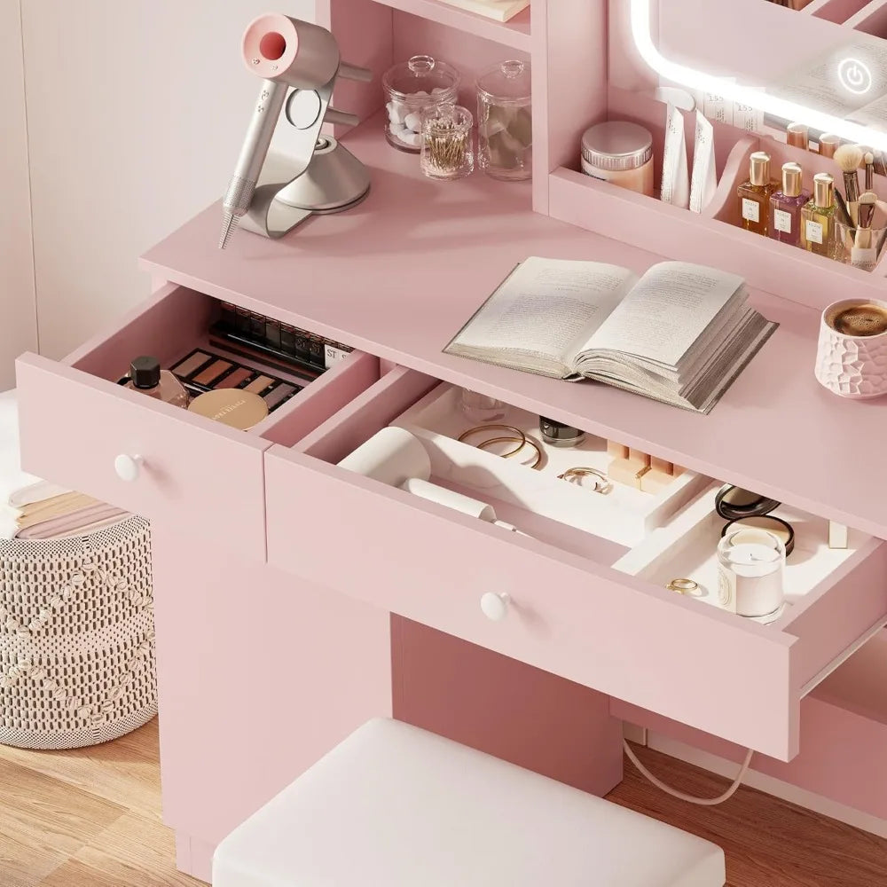 Vanity Desk with LED Lighted Mirror & Power Outlet, Makeup Table with Drawers & Cabinet,Storage Stool,for Bedroom, White