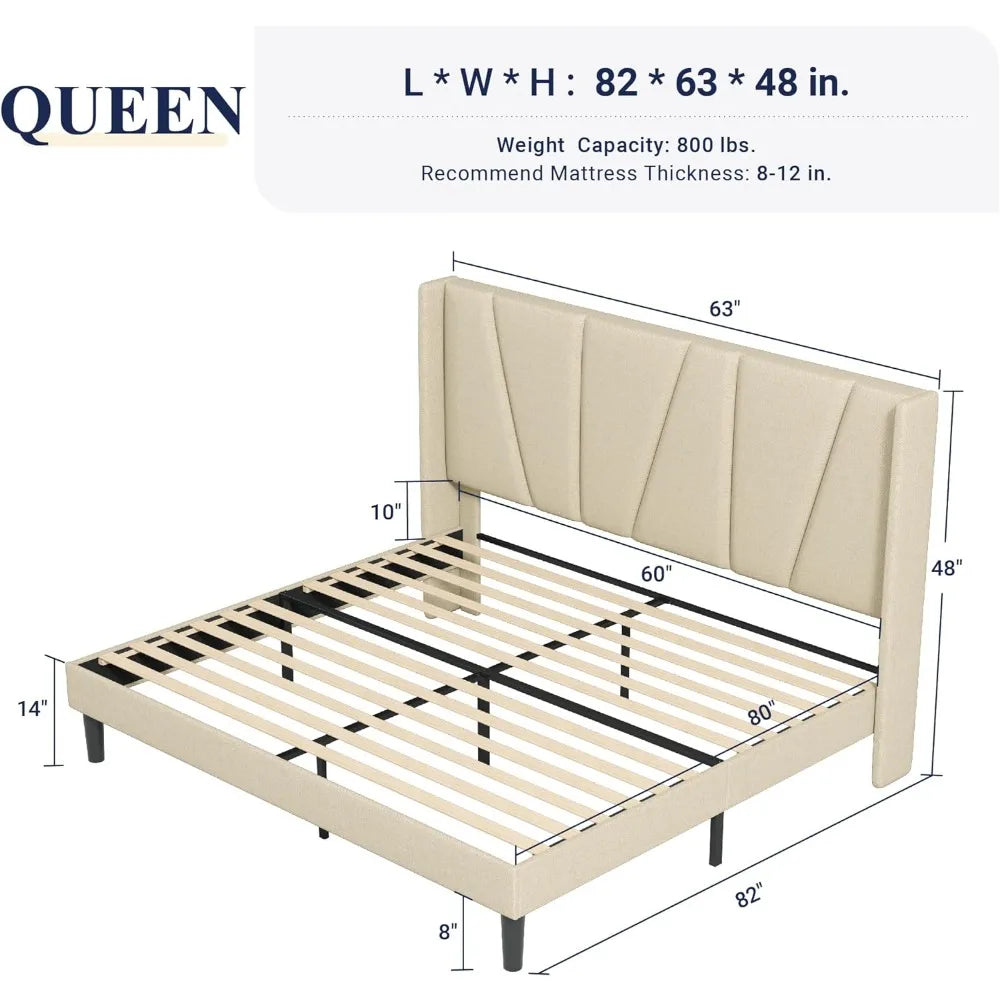 Queen Bed Frame with Geometric Wingback Headboard