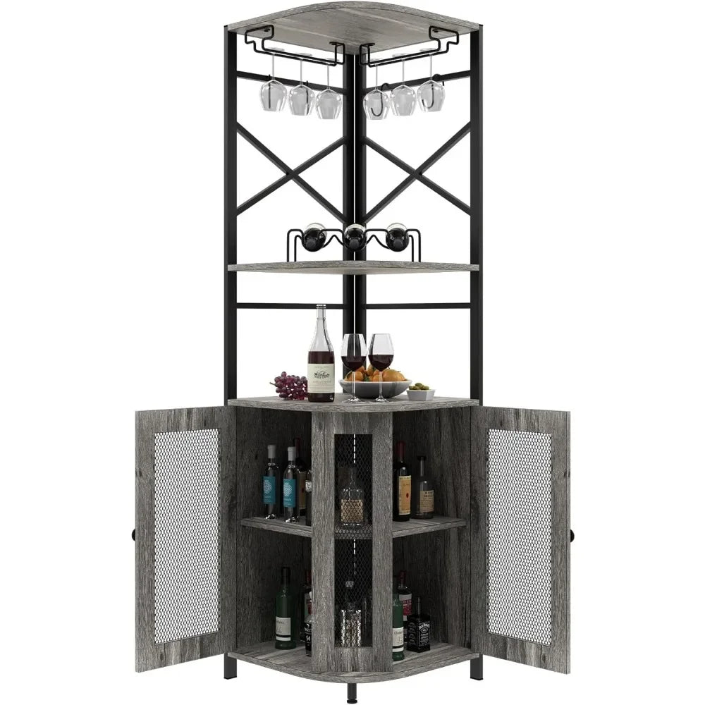 Corner Bar Cabinet with Wine Rack and Glass Rack, Adjustable Shelves