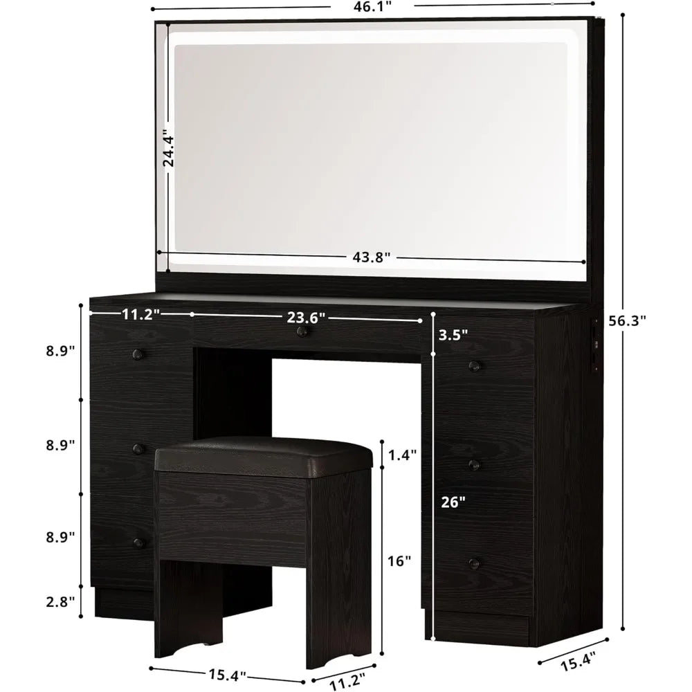 Vanity Makeup Desk Set with LED Lighted Mirror & Power Outlet, 7 Drawers Bedroom Vanities Table with Stool, Black