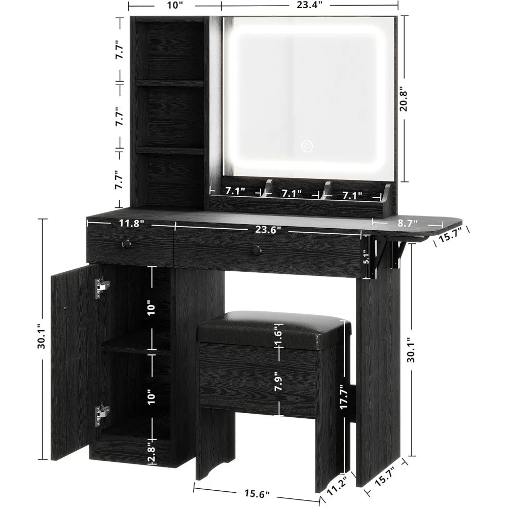 Vanity Desk with LED Lighted Mirror & Power Outlet, Makeup Table with Drawers & Cabinet,Storage Stool,for Bedroom, White