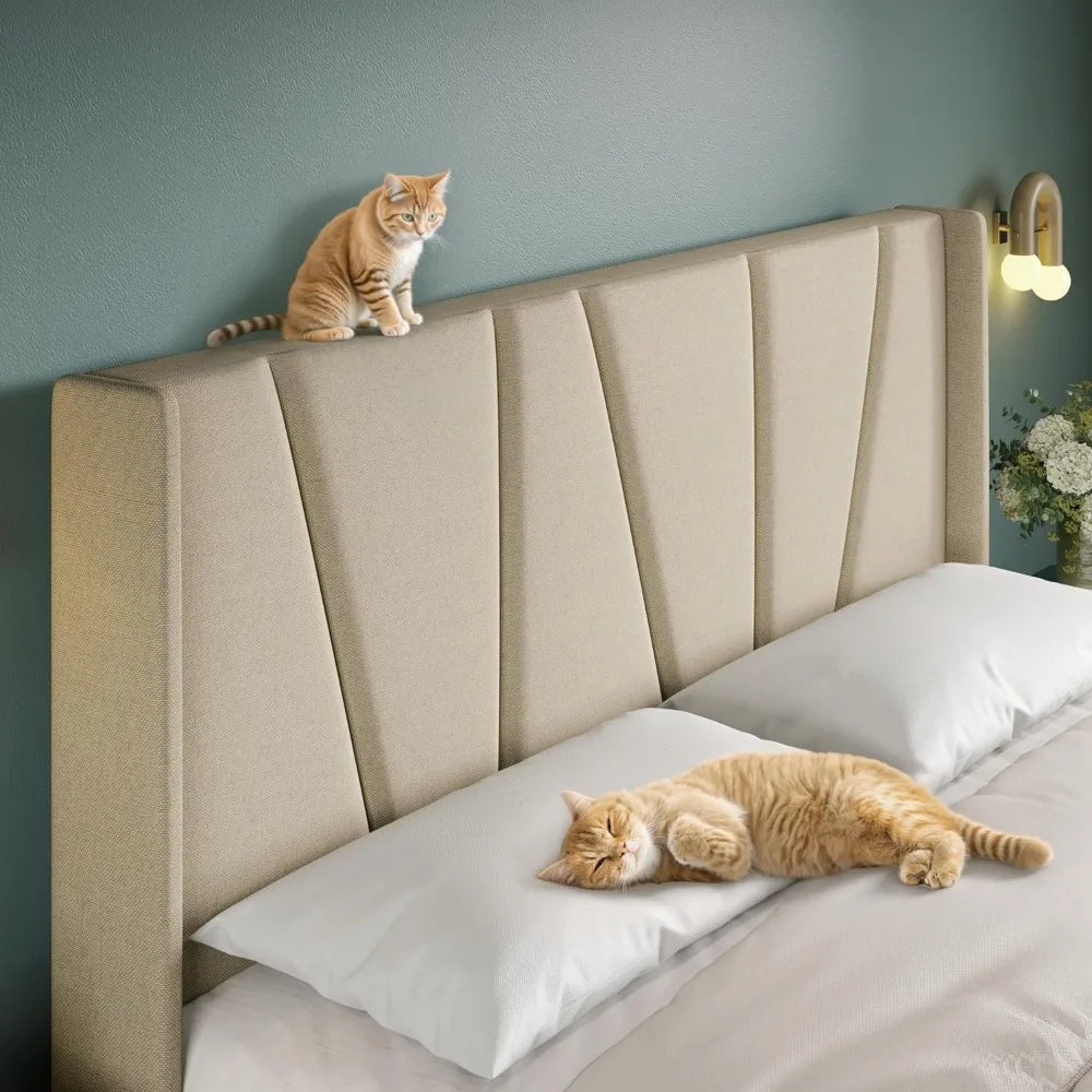 Queen Bed Frame with Geometric Wingback Headboard