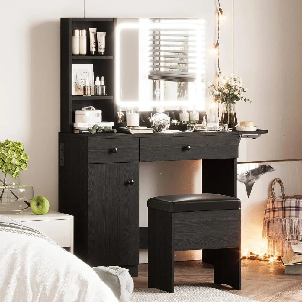 Vanity Desk with LED Lighted Mirror & Power Outlet, Makeup Table with Drawers & Cabinet,Storage Stool,for Bedroom, White
