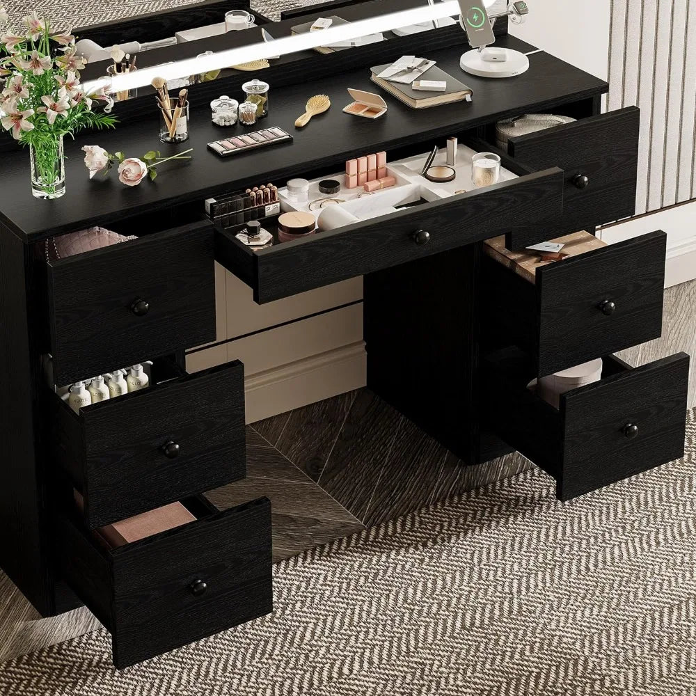 Vanity Makeup Desk Set with LED Lighted Mirror & Power Outlet, 7 Drawers Bedroom Vanities Table with Stool, Black