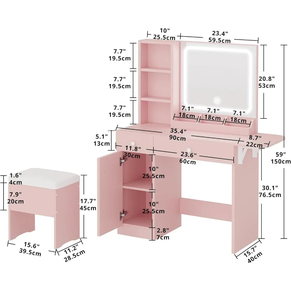 Vanity Desk with LED Lighted Mirror & Power Outlet, Makeup Table with Drawers & Cabinet,Storage Stool,for Bedroom, White