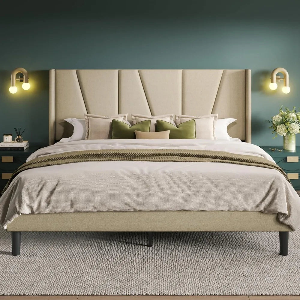 Queen Bed Frame with Geometric Wingback Headboard