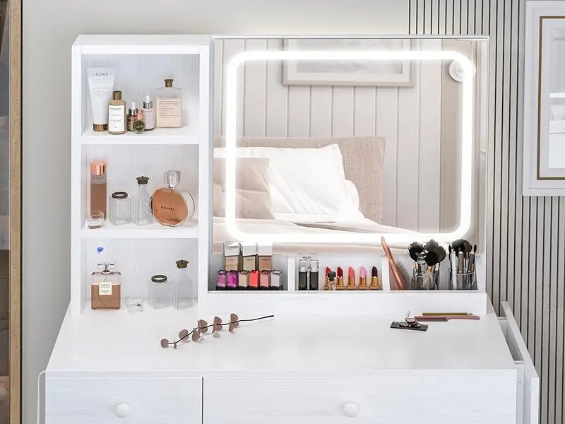 Vanity Desk with LED Lighted Mirror & Power Outlet, Makeup Table with Drawers & Cabinet,Storage Stool,for Bedroom, White