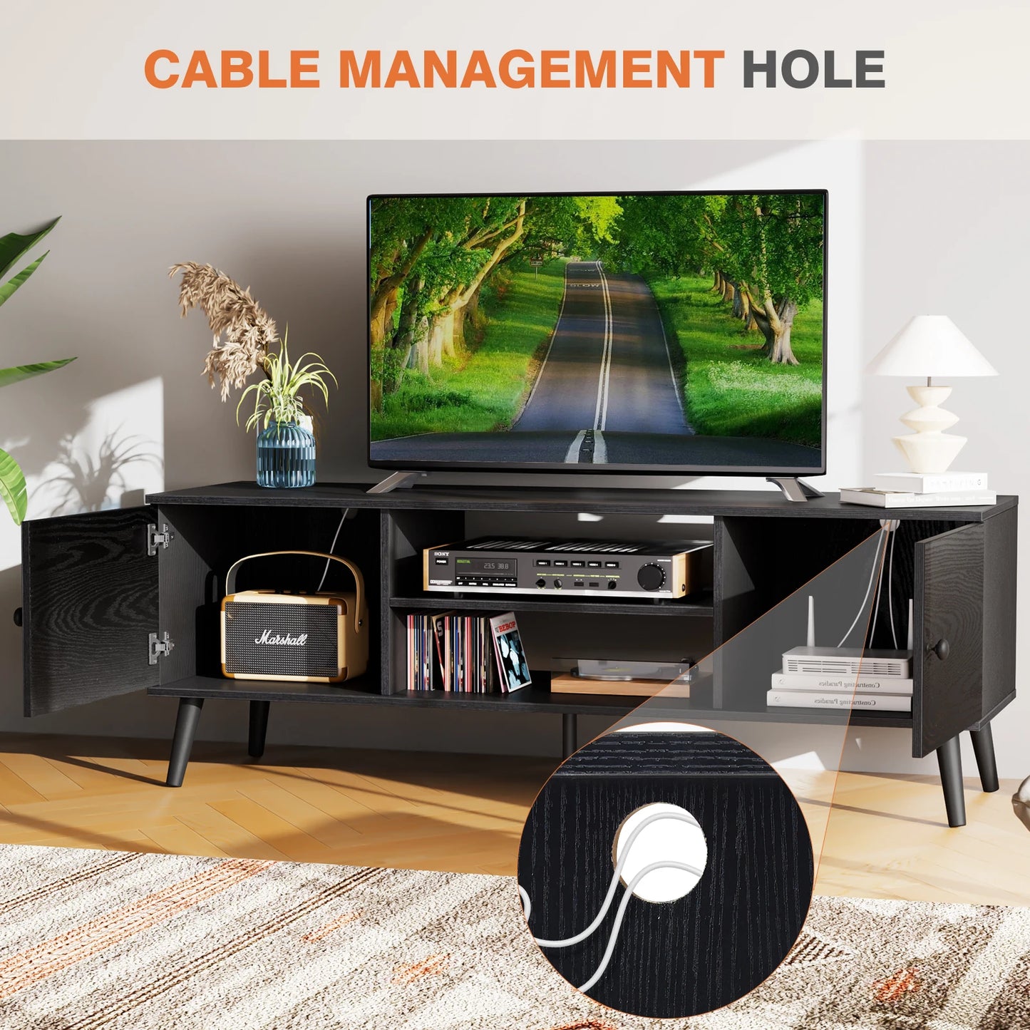 JHK Wooden Stand For Up To 60 Inch TV Entertainment Center With Adjustable Shelf 2 Storage