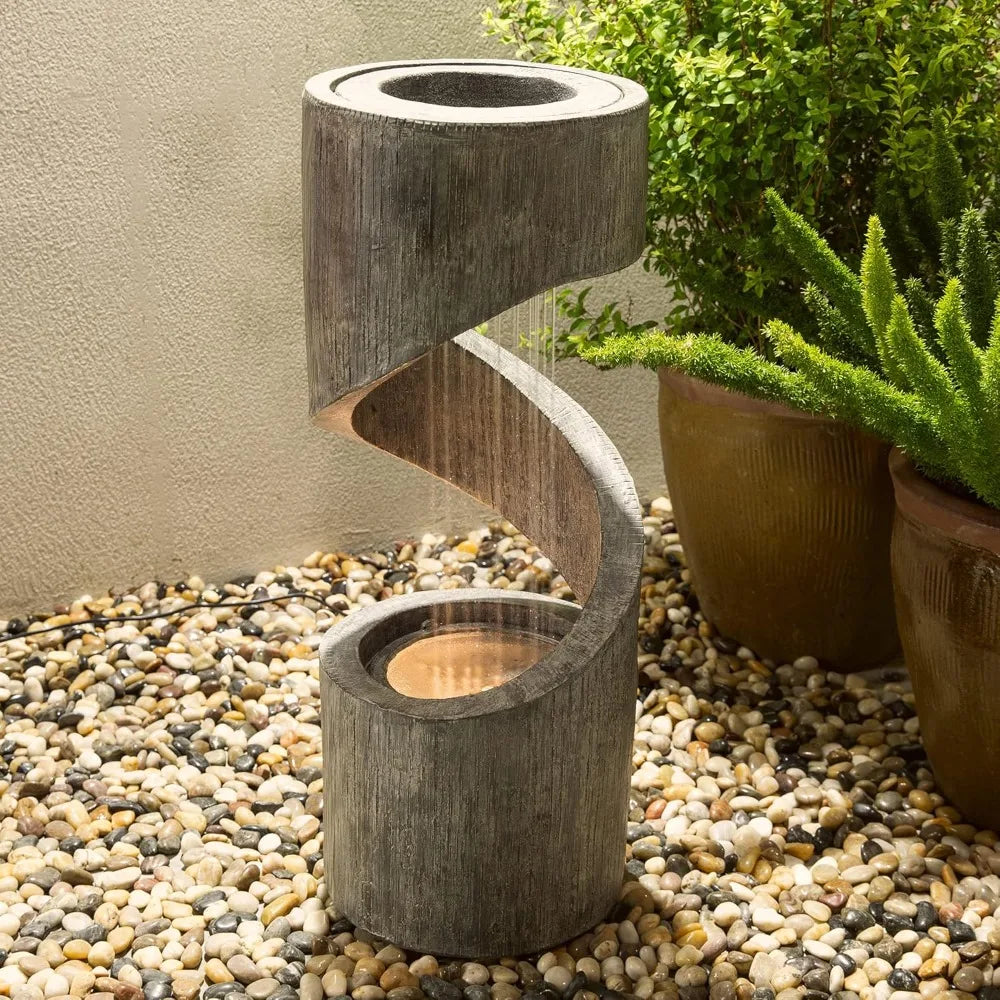 Decorative Tiered Outdoor Patio Water Fountain, Curved Waterfall Fountain with Stone Planter