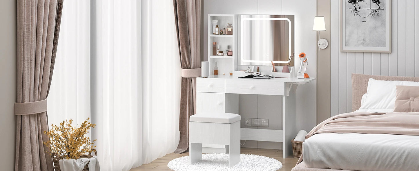 Vanity Desk with LED Lighted Mirror & Power Outlet, Makeup Table with Drawers & Cabinet,Storage Stool,for Bedroom, White
