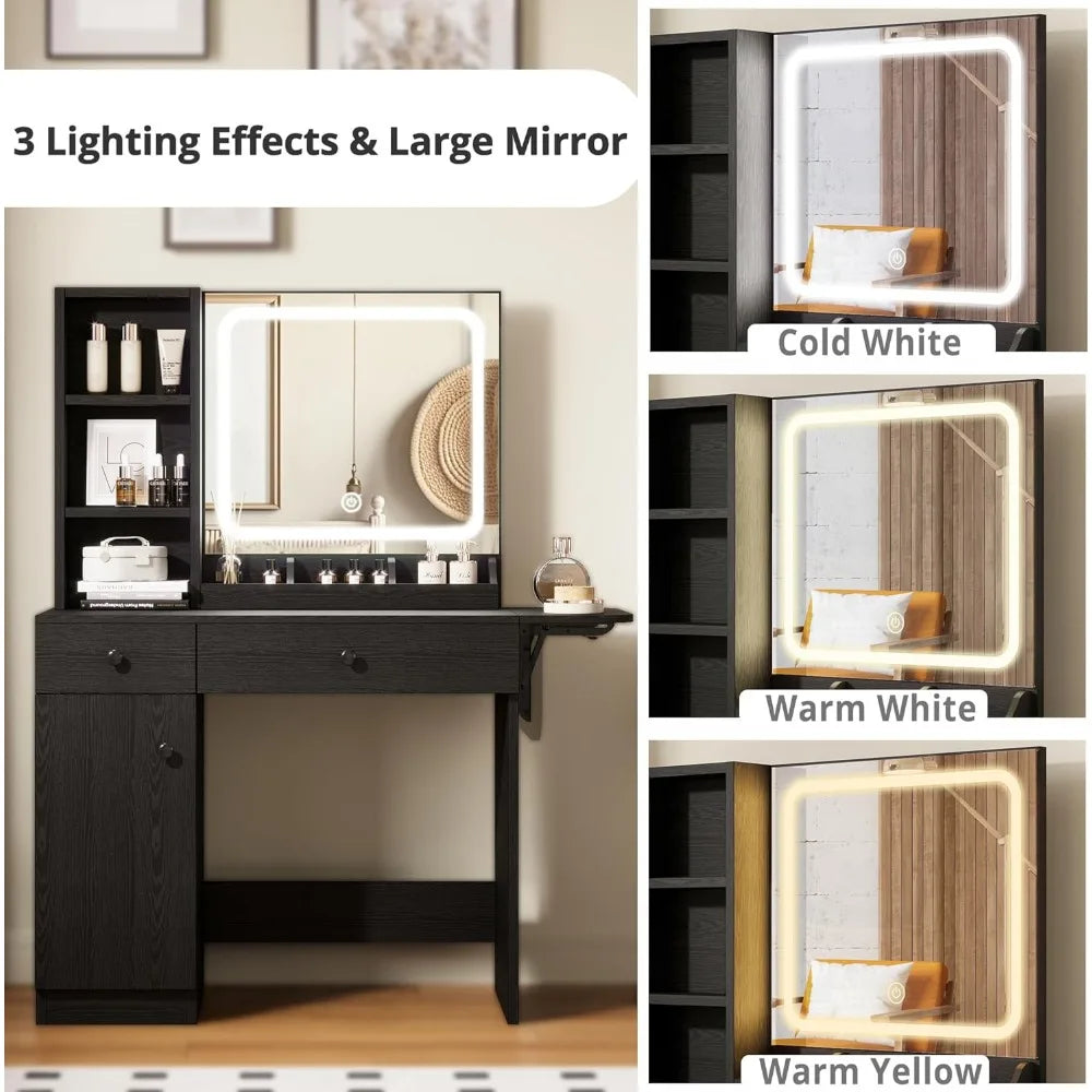Vanity Desk with LED Lighted Mirror & Power Outlet, Makeup Table with Drawers & Cabinet,Storage Stool,for Bedroom, White
