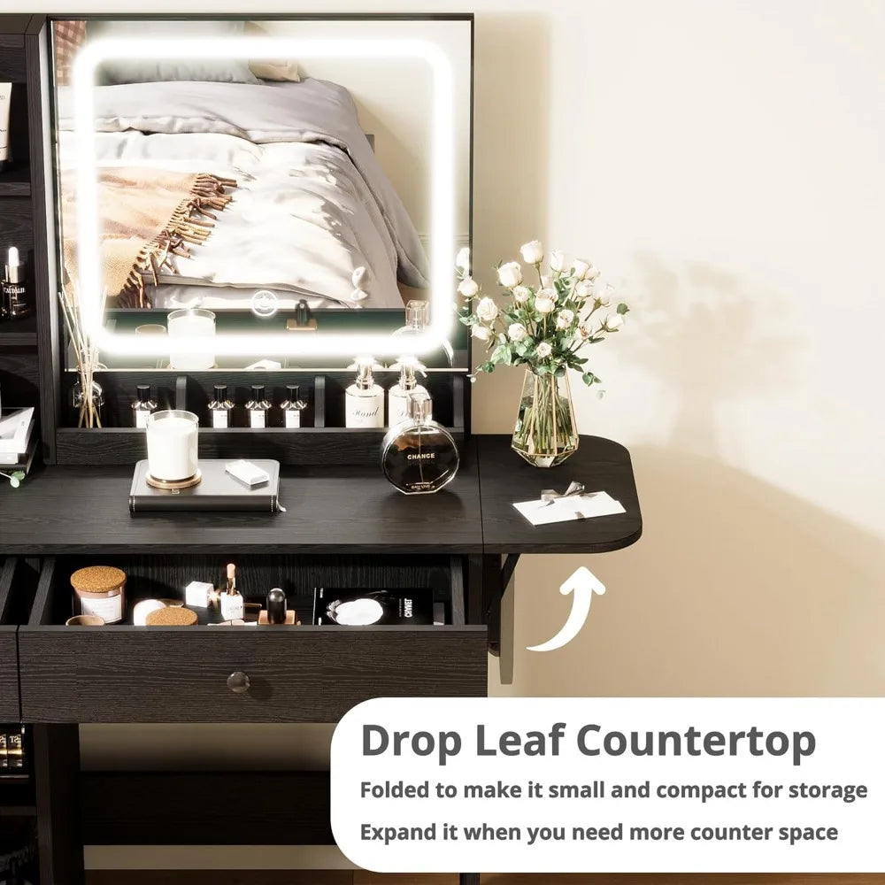 Vanity Desk with LED Lighted Mirror & Power Outlet, Makeup Table with Drawers & Cabinet,Storage Stool,for Bedroom, White