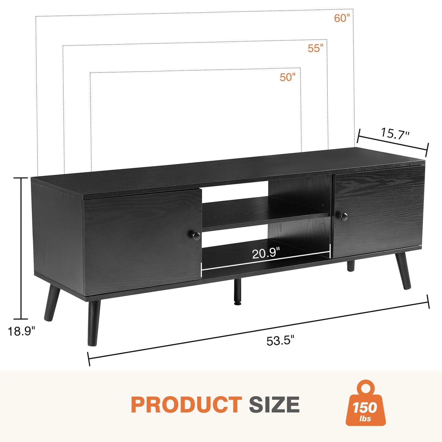 JHK Wooden Stand For Up To 60 Inch TV Entertainment Center With Adjustable Shelf 2 Storage