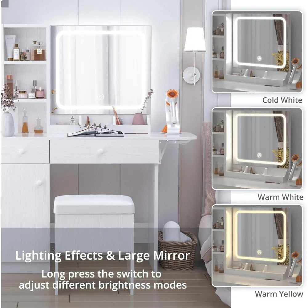 Vanity Desk with LED Lighted Mirror & Power Outlet, Makeup Table with Drawers & Cabinet,Storage Stool,for Bedroom, White