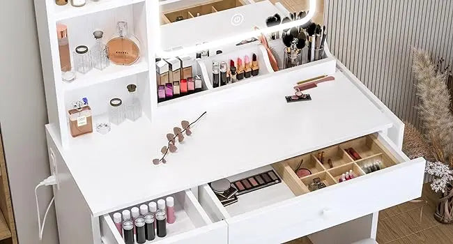 Vanity Desk with LED Lighted Mirror & Power Outlet, Makeup Table with Drawers & Cabinet,Storage Stool,for Bedroom, White