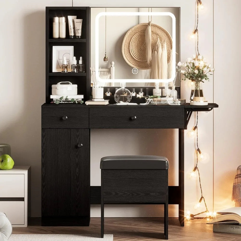 Vanity Desk with LED Lighted Mirror & Power Outlet, Makeup Table with Drawers & Cabinet,Storage Stool,for Bedroom, White