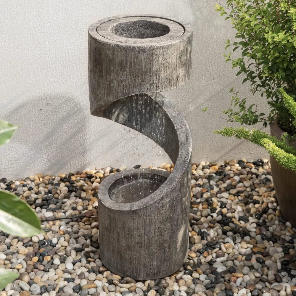 Decorative Tiered Outdoor Patio Water Fountain, Curved Waterfall Fountain with Stone Planter