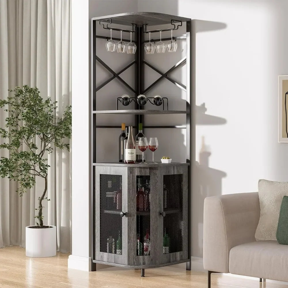 Corner Bar Cabinet with Wine Rack and Glass Rack, Adjustable Shelves