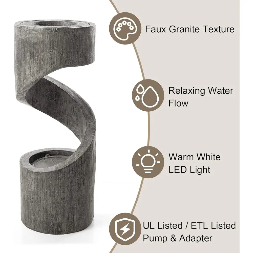 Decorative Tiered Outdoor Patio Water Fountain, Curved Waterfall Fountain with Stone Planter