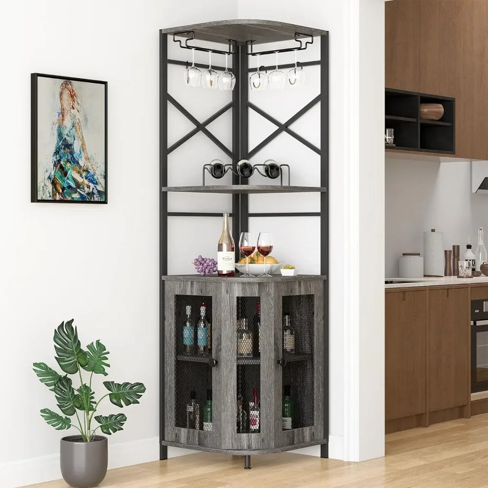 Corner Bar Cabinet with Wine Rack and Glass Rack, Adjustable Shelves