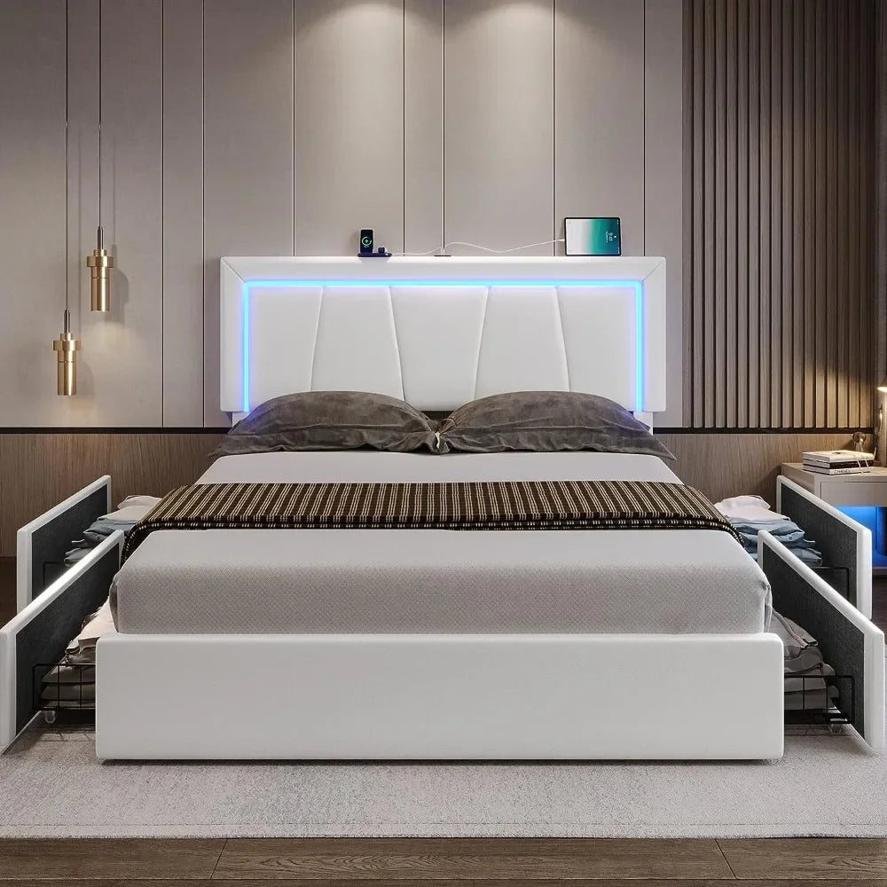 Queen Size LED Bed Frame with Storage