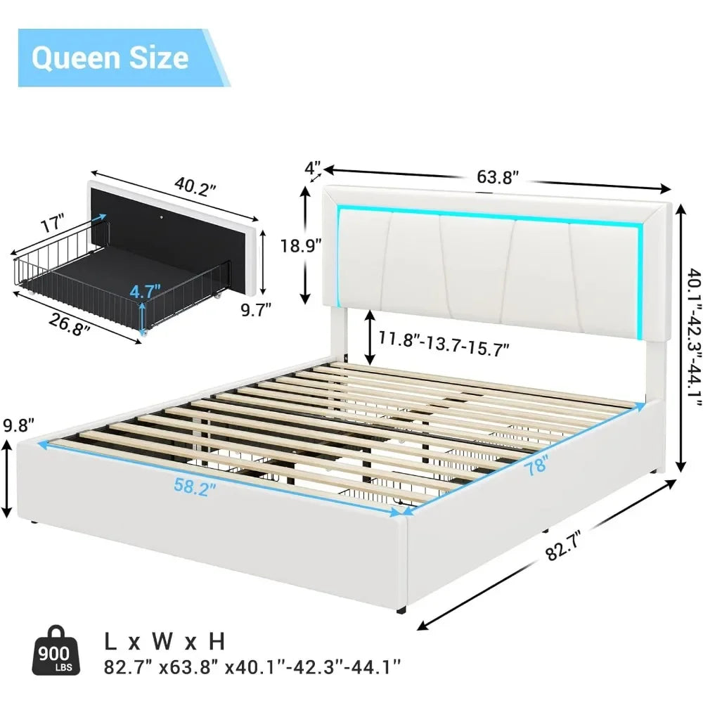 Queen Size LED Bed Frame with Storage