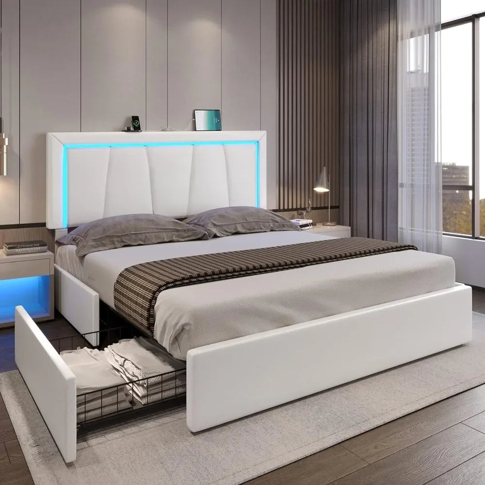 Queen Size LED Bed Frame with Storage