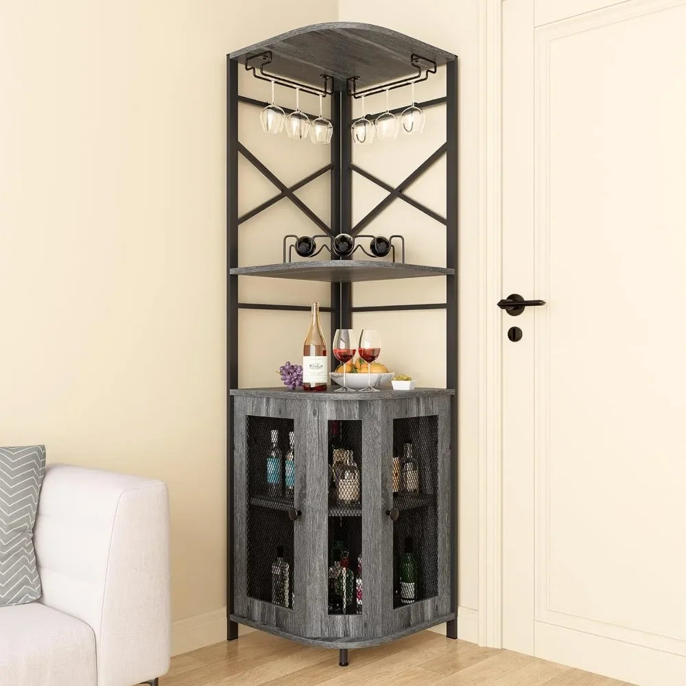 Corner Bar Cabinet with Wine Rack and Glass Rack, Adjustable Shelves