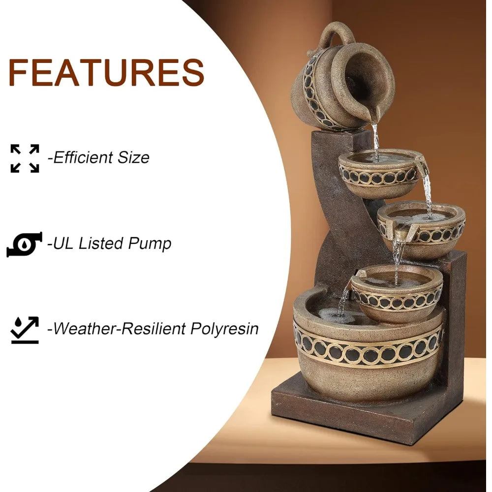 5 Tiered Polyresin Cascading Pitchers Outdoor Fountains and Waterfalls,