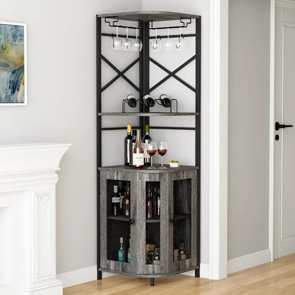 Corner Bar Cabinet with Wine Rack and Glass Rack, Adjustable Shelves