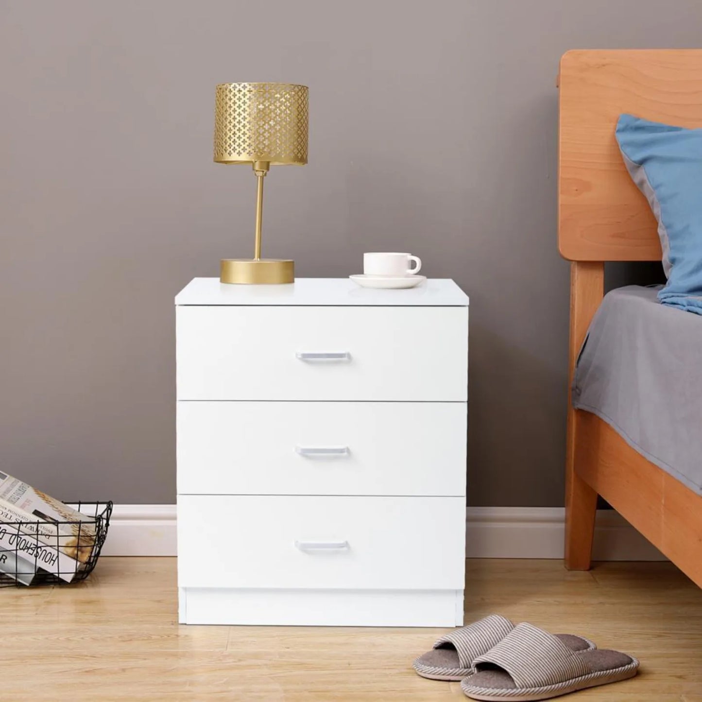 Wooden bedside table with 3 drawers