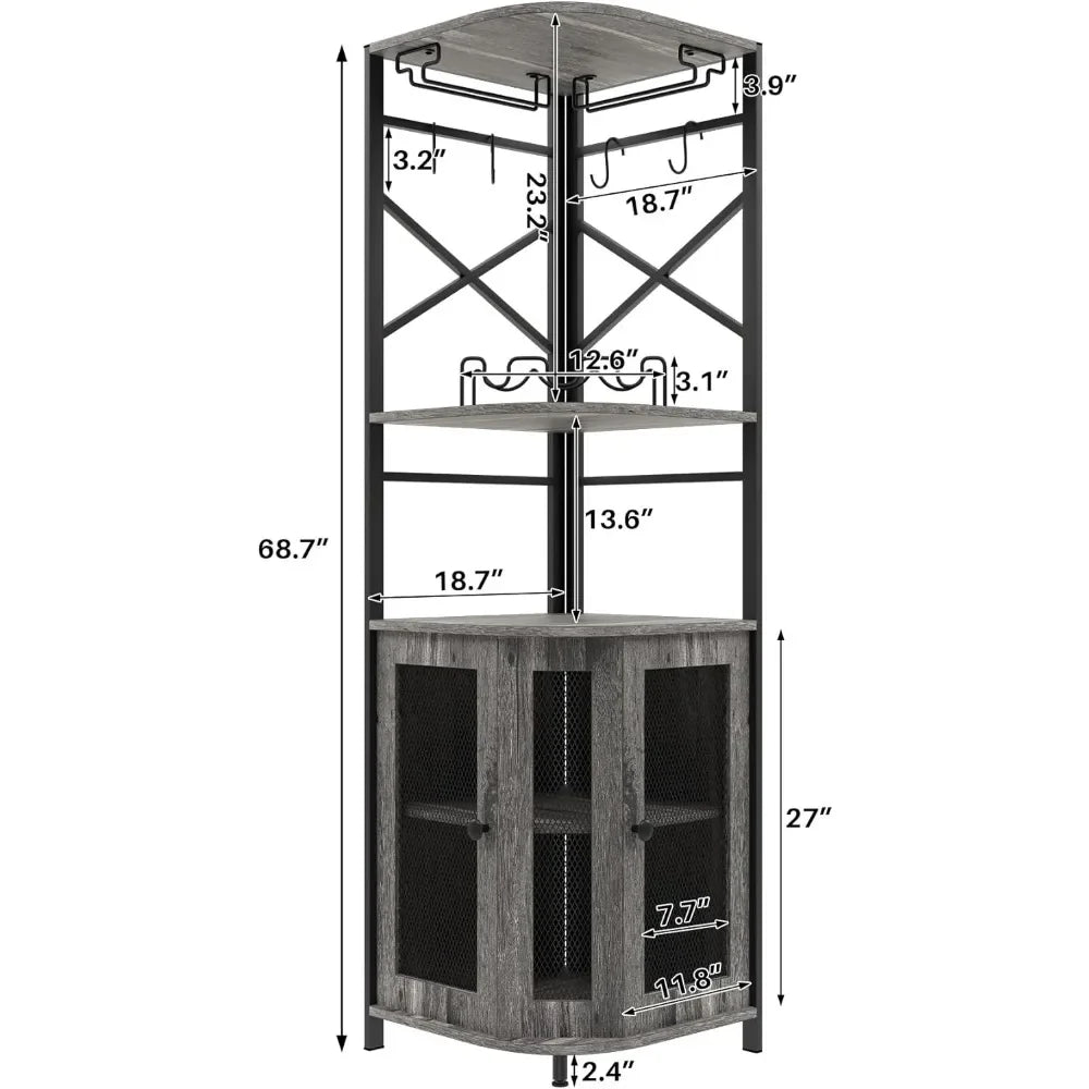 Corner Bar Cabinet with Wine Rack and Glass Rack, Adjustable Shelves